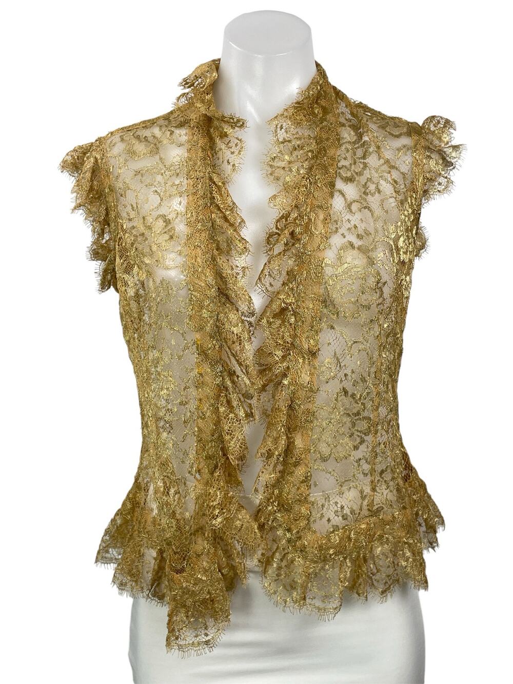 Ralph Lauren Women's Gold Floral Lace Sheer Mesh Ruffle Blazer Blouse Top Size 6